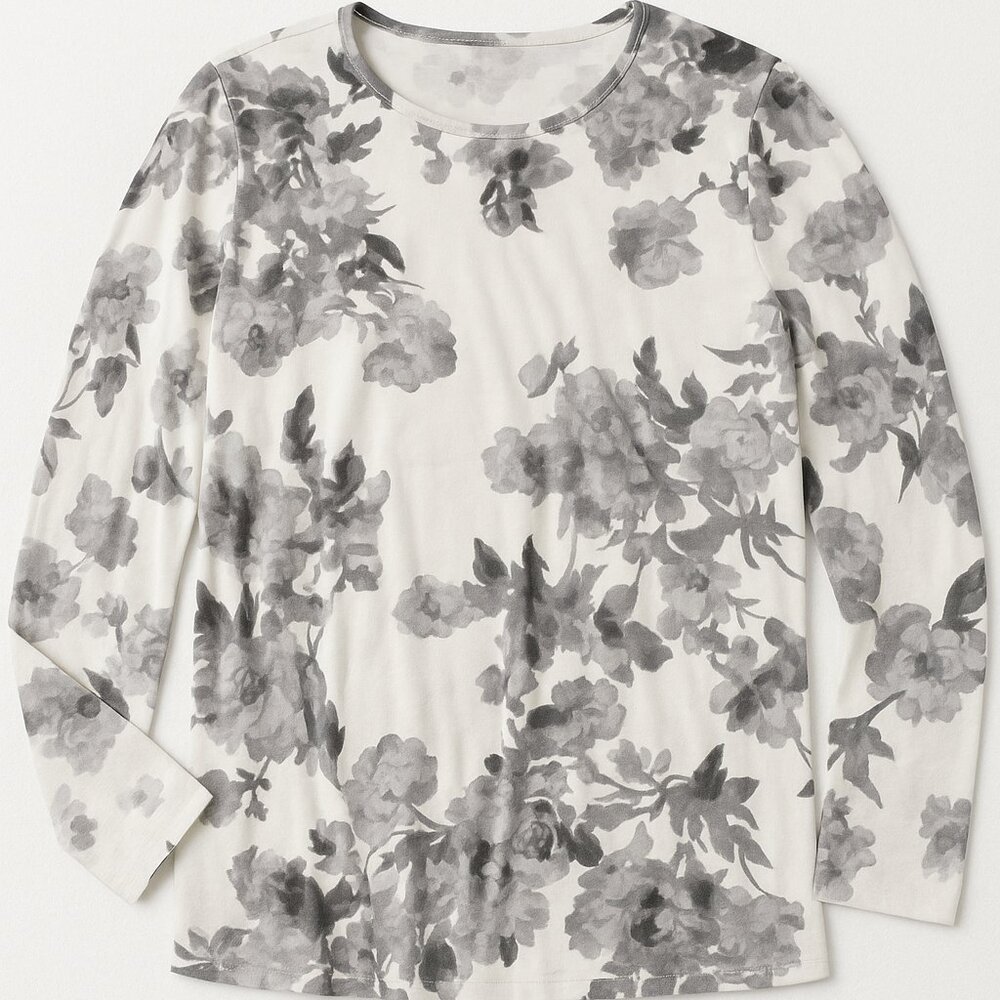 J Jill T Shirt Top Womens Medium Long Sleeve Gray Floral Print 100% Pima Cotton